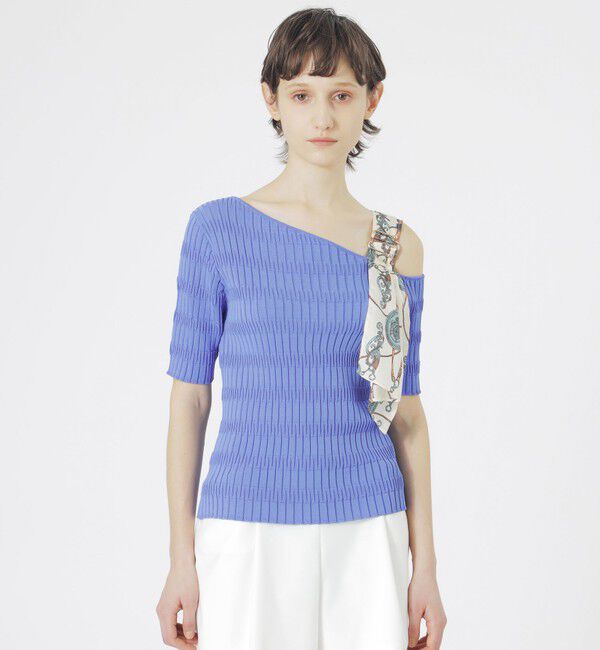  「スカーフコンビカットアウトニット」|ニット・セーター|サックスブルー