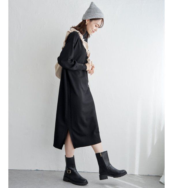 IKKA LOUNGE「タートルニットスリットワンピース」|その他|ブラック