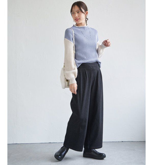 ikka「袖配色ワイドリブニットプルオーバー」|プルオーバー|