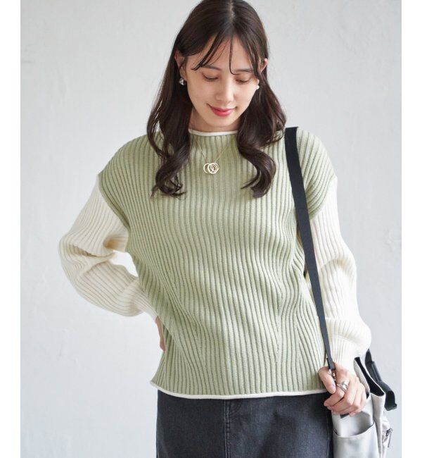 ikka「袖配色ワイドリブニットプルオーバー」|プルオーバー|