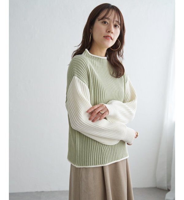ikka「袖配色ワイドリブニットプルオーバー」|プルオーバー|