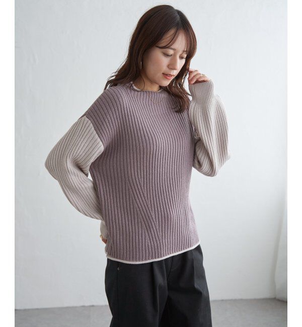 ikka「袖配色ワイドリブニットプルオーバー」|プルオーバー|