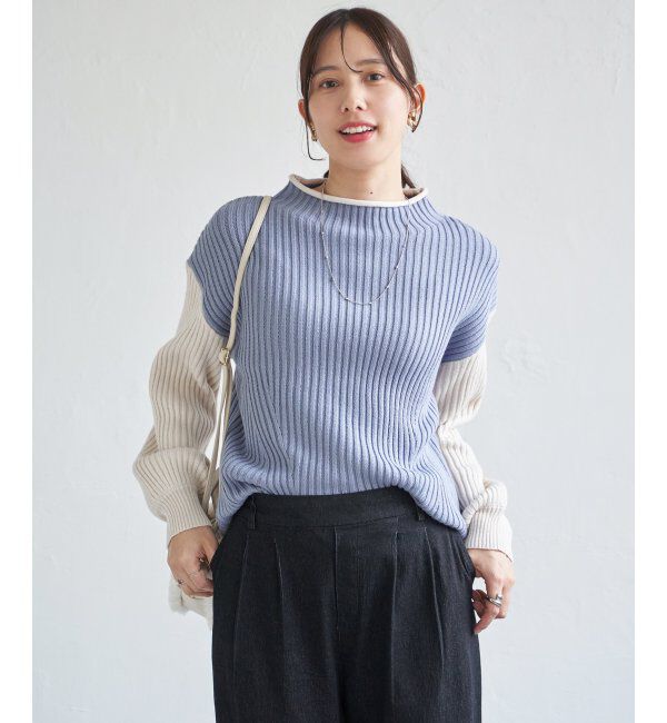 ikka「袖配色ワイドリブニットプルオーバー」|プルオーバー|