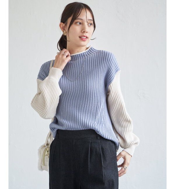 ikka「袖配色ワイドリブニットプルオーバー」|プルオーバー|