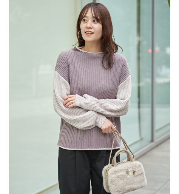 ikka「袖配色ワイドリブニットプルオーバー」|プルオーバー|コーヒー