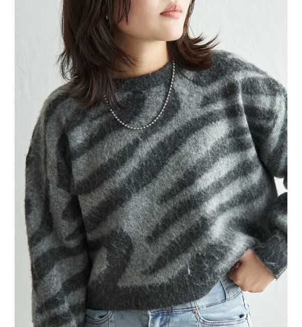 VENCE share style「ジャガードゼブラ柄プルオーバー」|ニット・セーター|チャコール