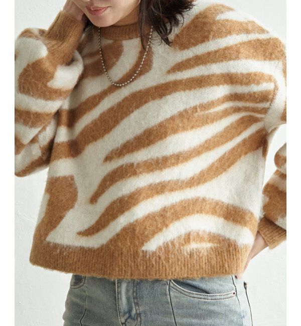 VENCE share style「ジャガードゼブラ柄プルオーバー」|ニット・セーター|キャメル