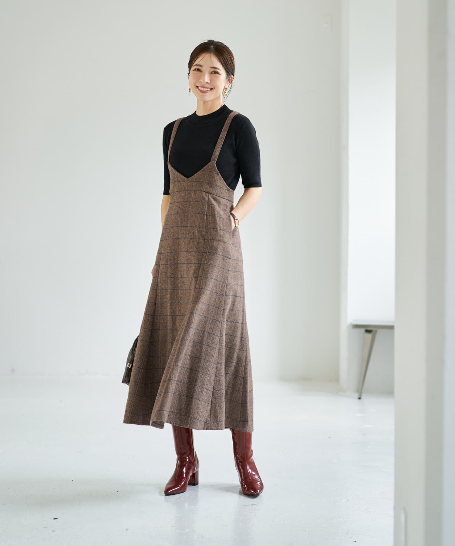 STYLE DELI「へリンボーンマーメイドジャンバースカート」|ジャンパースカート|ブラウンミックス