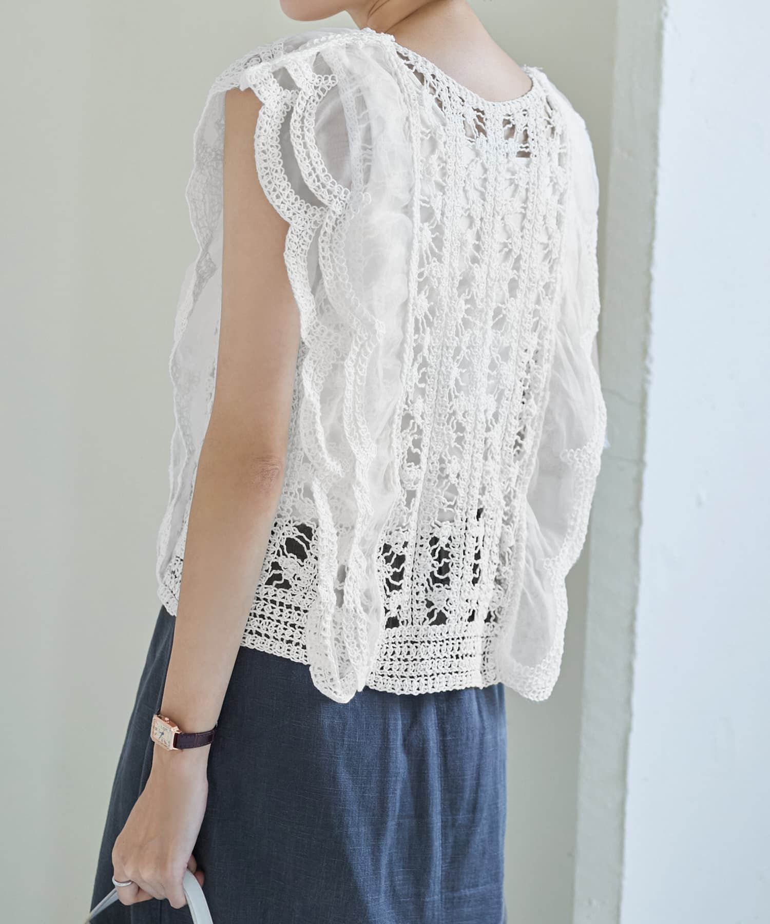 STYLE DELI「かぎ編みとチュールのレース風スカラップベスト」|ベスト・ジレ|