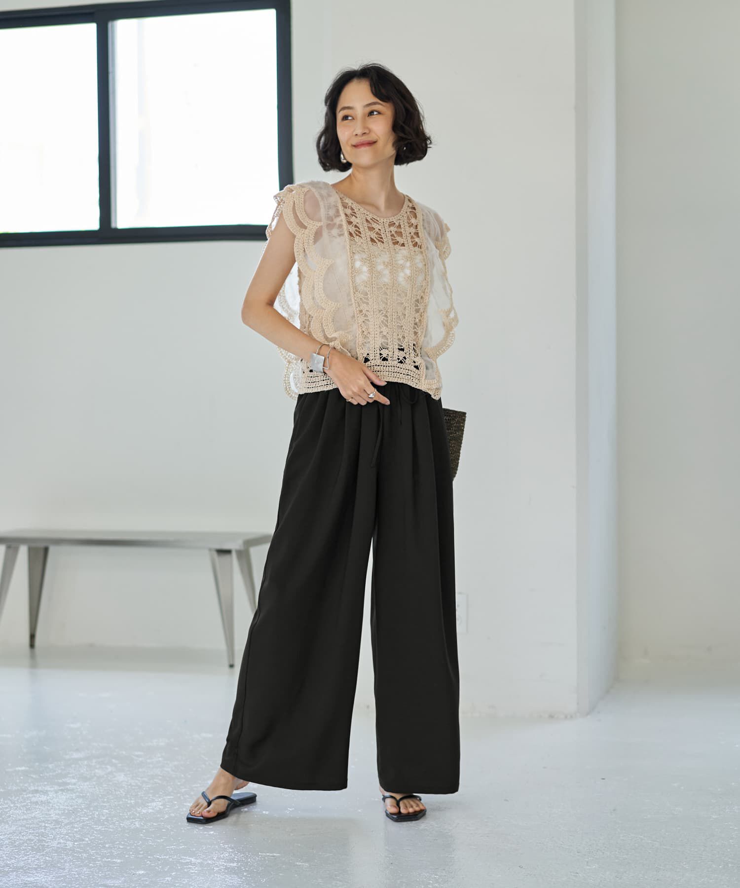 STYLE DELI「かぎ編みとチュールのレース風スカラップベスト」|ベスト・ジレ|