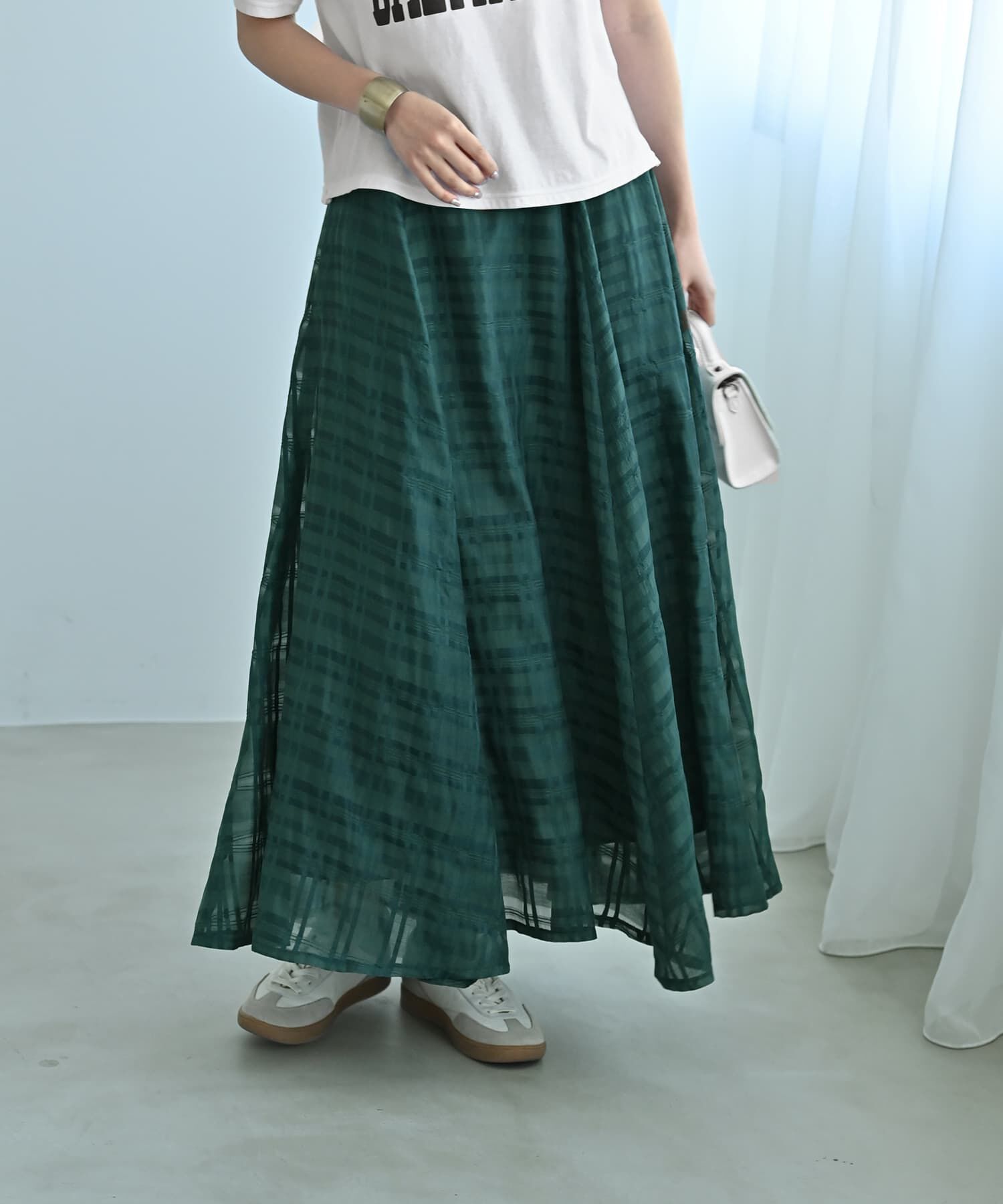 STYLE DELI「【Kana Oyama&times;BLK001】シアーチェックスカート／DELI size」|スカート|グリーン