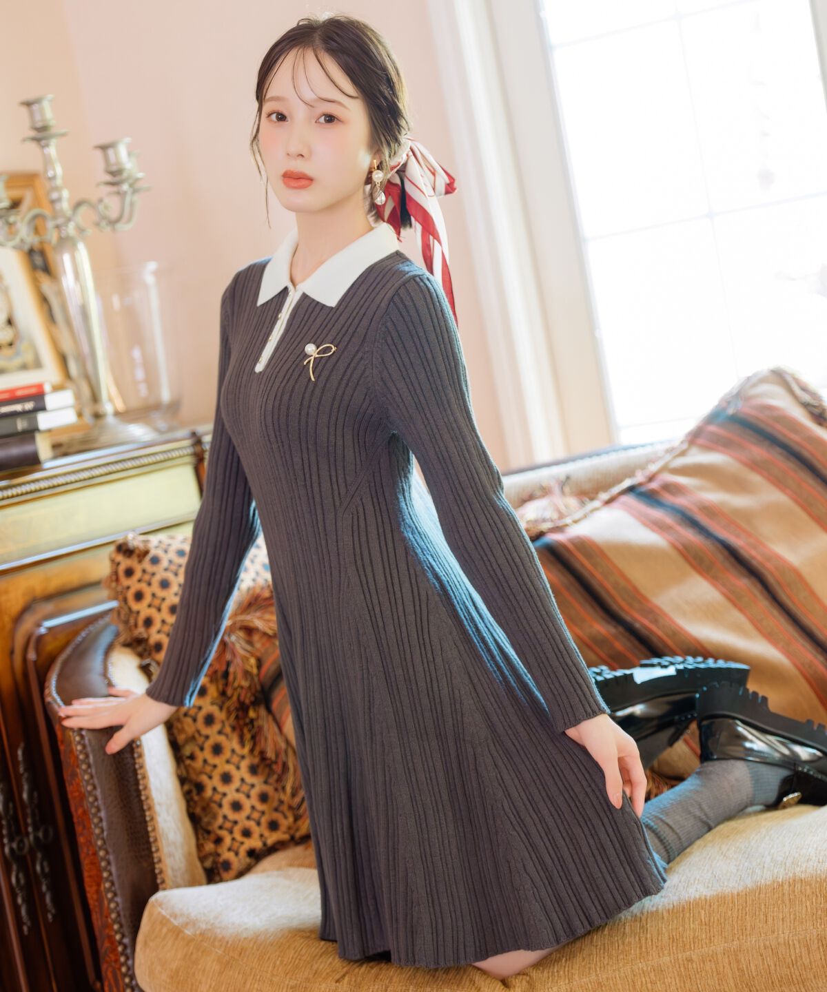 WILLSELECTION「ポロカラーフレアニットワンピース」|ワンピース|ﾁｬｺｰﾙｸﾞﾚｰ