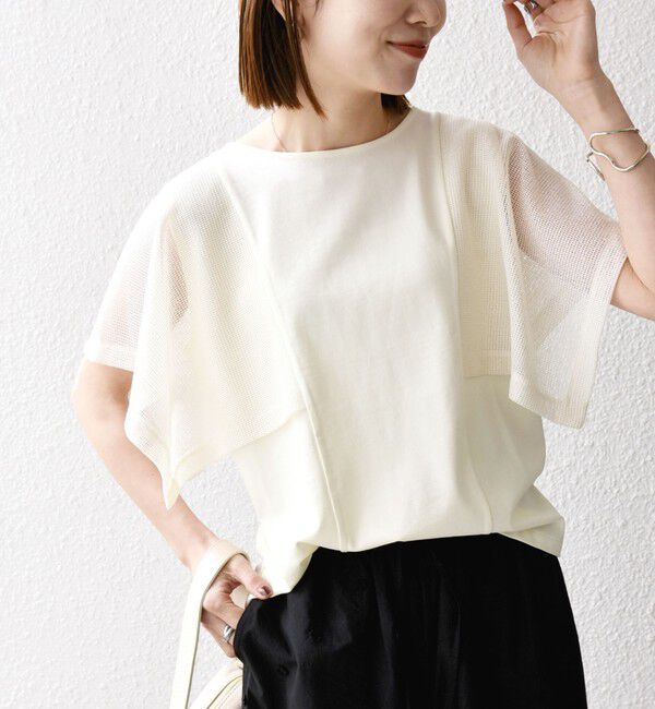 SHIPS any「SHIPS any:〈手洗い可能〉メッシュ シアー ハンカチ スリーブ ドッキング TEE」|Tシャツ・カットソー|