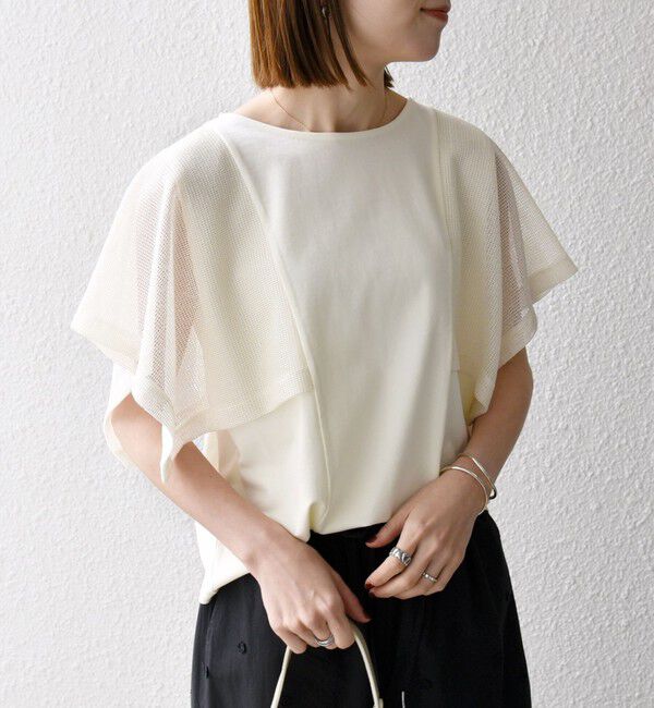 SHIPS any「SHIPS any:〈手洗い可能〉メッシュ シアー ハンカチ スリーブ ドッキング TEE」|Tシャツ・カットソー|