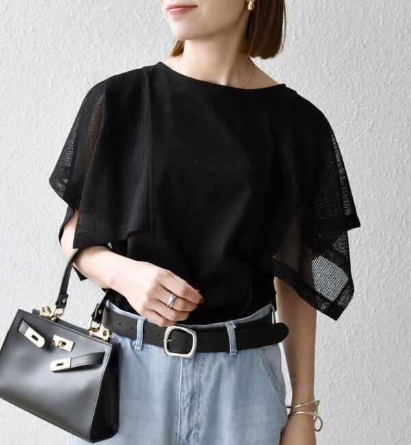 SHIPS any「SHIPS any:〈手洗い可能〉メッシュ シアー ハンカチ スリーブ ドッキング TEE」|Tシャツ・カットソー|