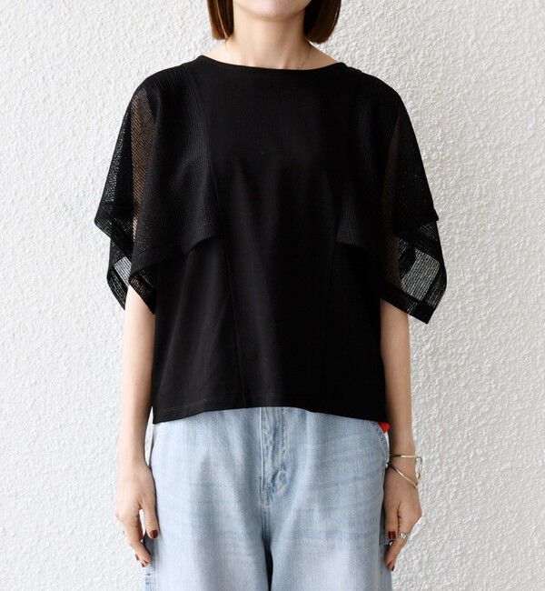 SHIPS any「SHIPS any:〈手洗い可能〉メッシュ シアー ハンカチ スリーブ ドッキング TEE」|Tシャツ・カットソー|