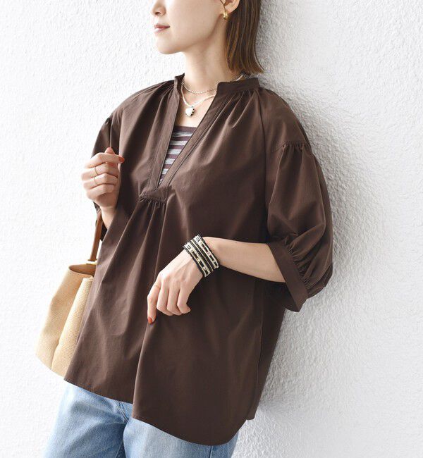 SHIPS for women「〈接触冷感 / 撥水加工〉TEX BRID(R)タフタ スキッパー 5分袖 ブラウス」|シャツ・ブラウス|