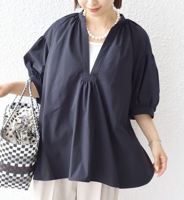 SHIPS for women「〈接触冷感 / 撥水加工〉TEX BRID(R)タフタ スキッパー 5分袖 ブラウス」|シャツ・ブラウス|ネイビー