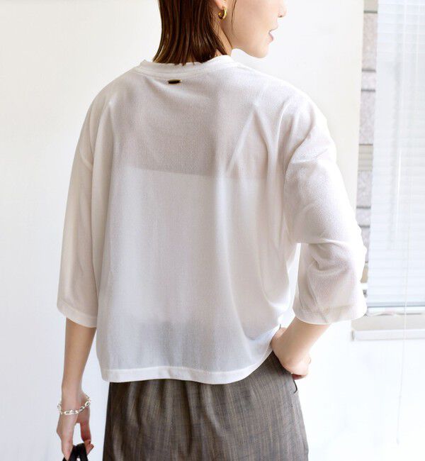 SHIPS for women「〈手洗い可能〉シアー トリコット ポリエステル ベロア 五分袖 ワイド TEE」|Tシャツ・カットソー|