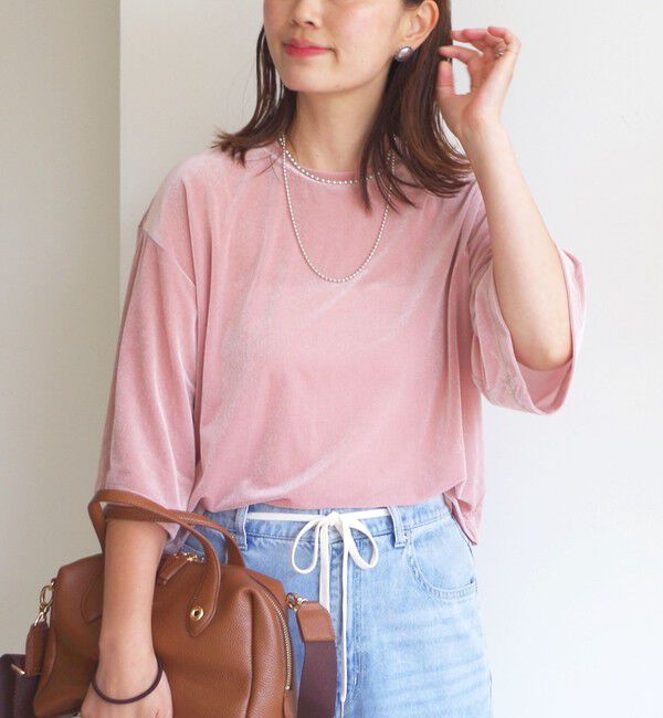 SHIPS for women「〈手洗い可能〉シアー トリコット ポリエステル ベロア 五分袖 ワイド TEE」|Tシャツ・カットソー|ピンク