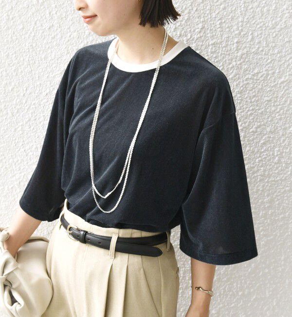 SHIPS for women「〈手洗い可能〉シアー トリコット ポリエステル ベロア 五分袖 ワイド TEE」|Tシャツ・カットソー|