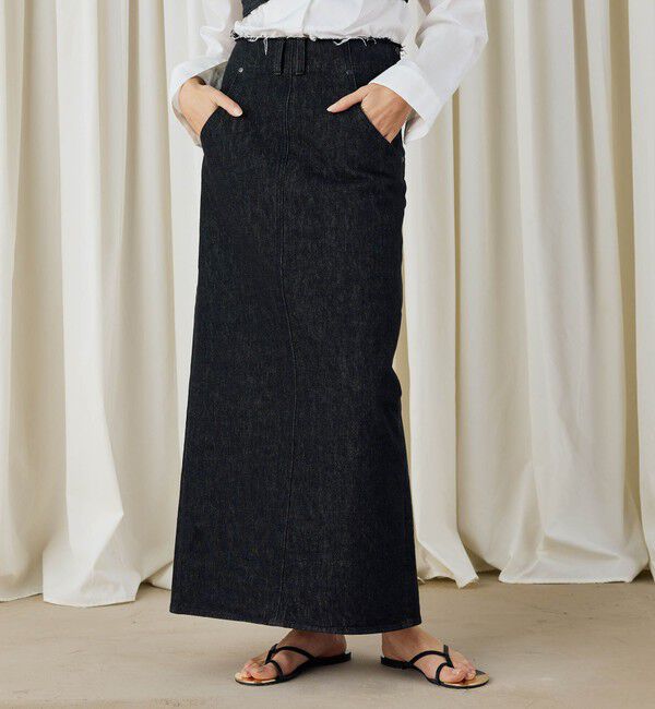 DES PRES「ブラックデニム ブラレット付きマキシスカート」|タイト|