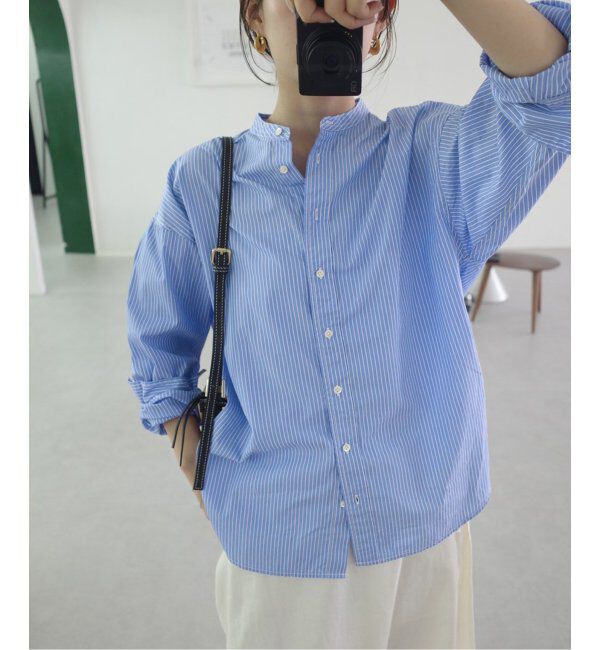 SLOBE IENA「《追加》ROYAL NAVY/ロイヤルネイビー SLOBE別注 バンドカラーシャツ」|シャツ・ブラウス|サックスブルー B