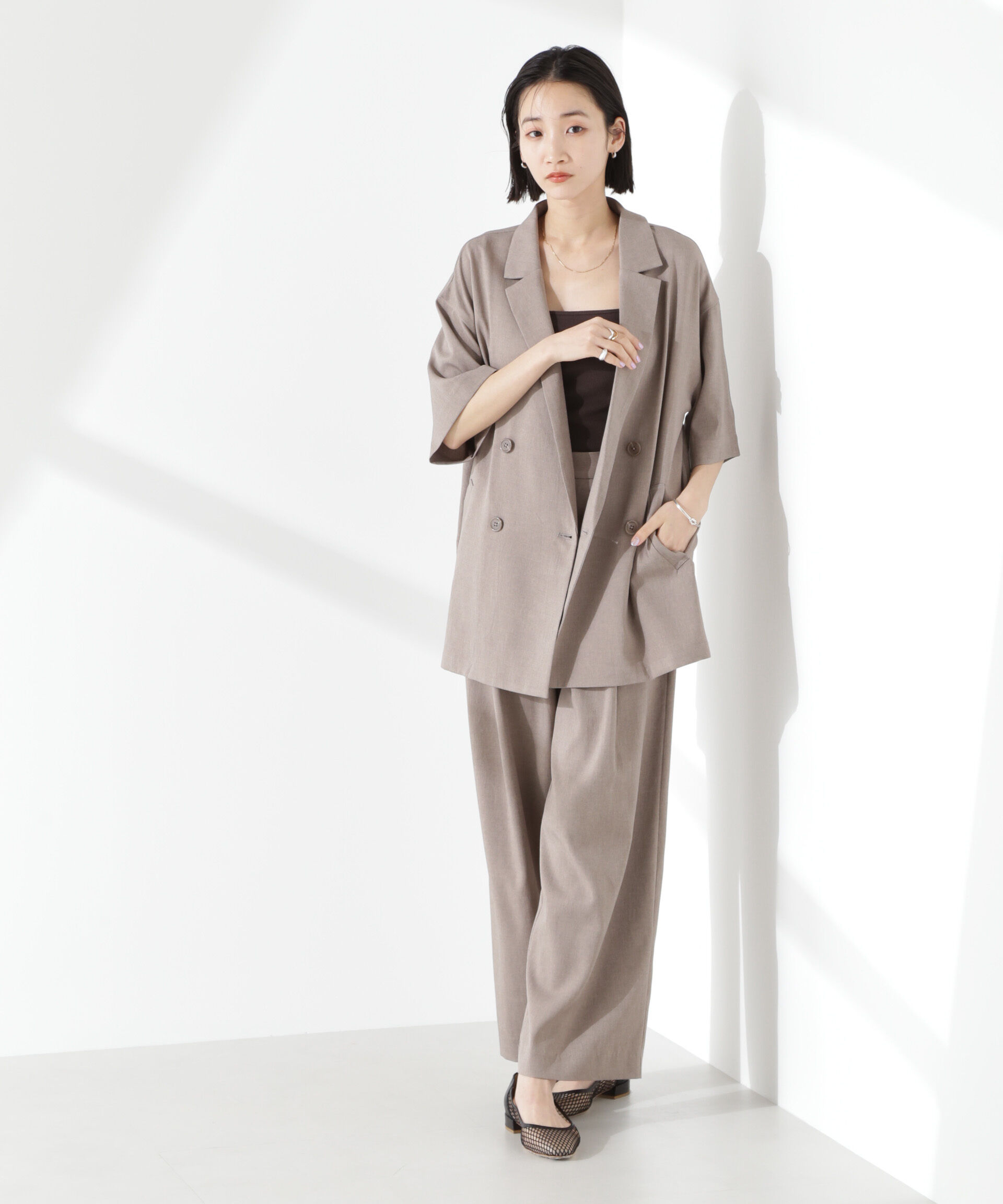 nano･universe「クリスピーツイルタックワイドパンツ(セットアップ可)」|チノ|