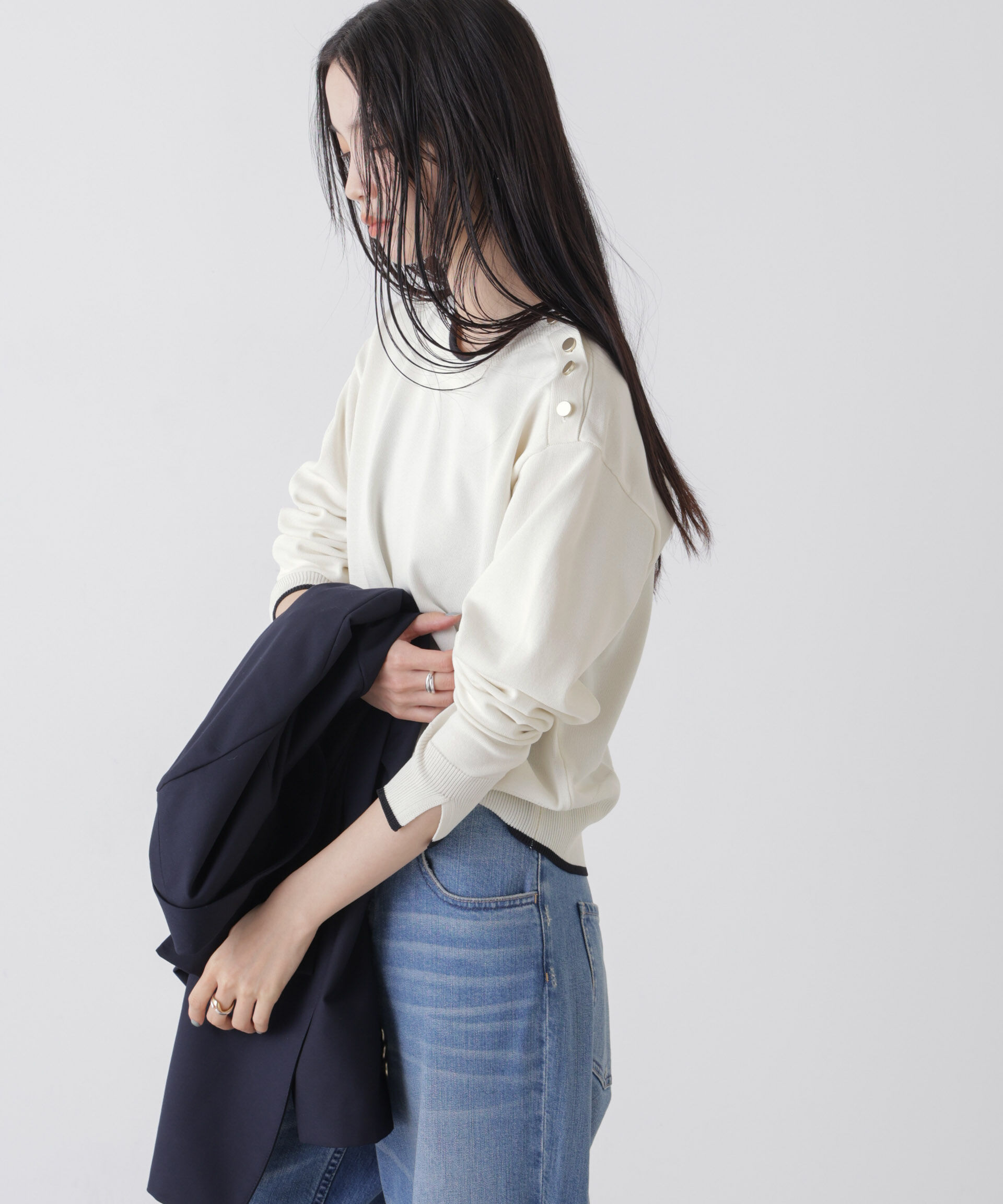 nano･universe「洗濯機洗可UVカットバイカラー釦ディティールニット」|ニット・セーター|