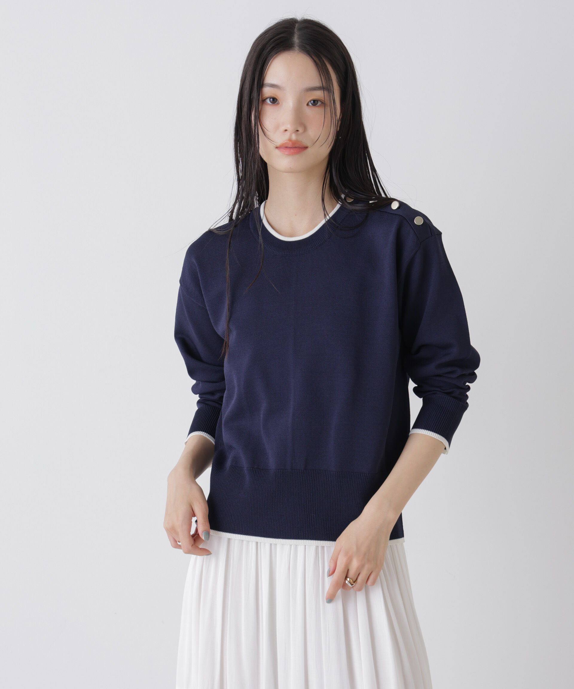 nano･universe「洗濯機洗可UVカットバイカラー釦ディティールニット」|ニット・セーター|