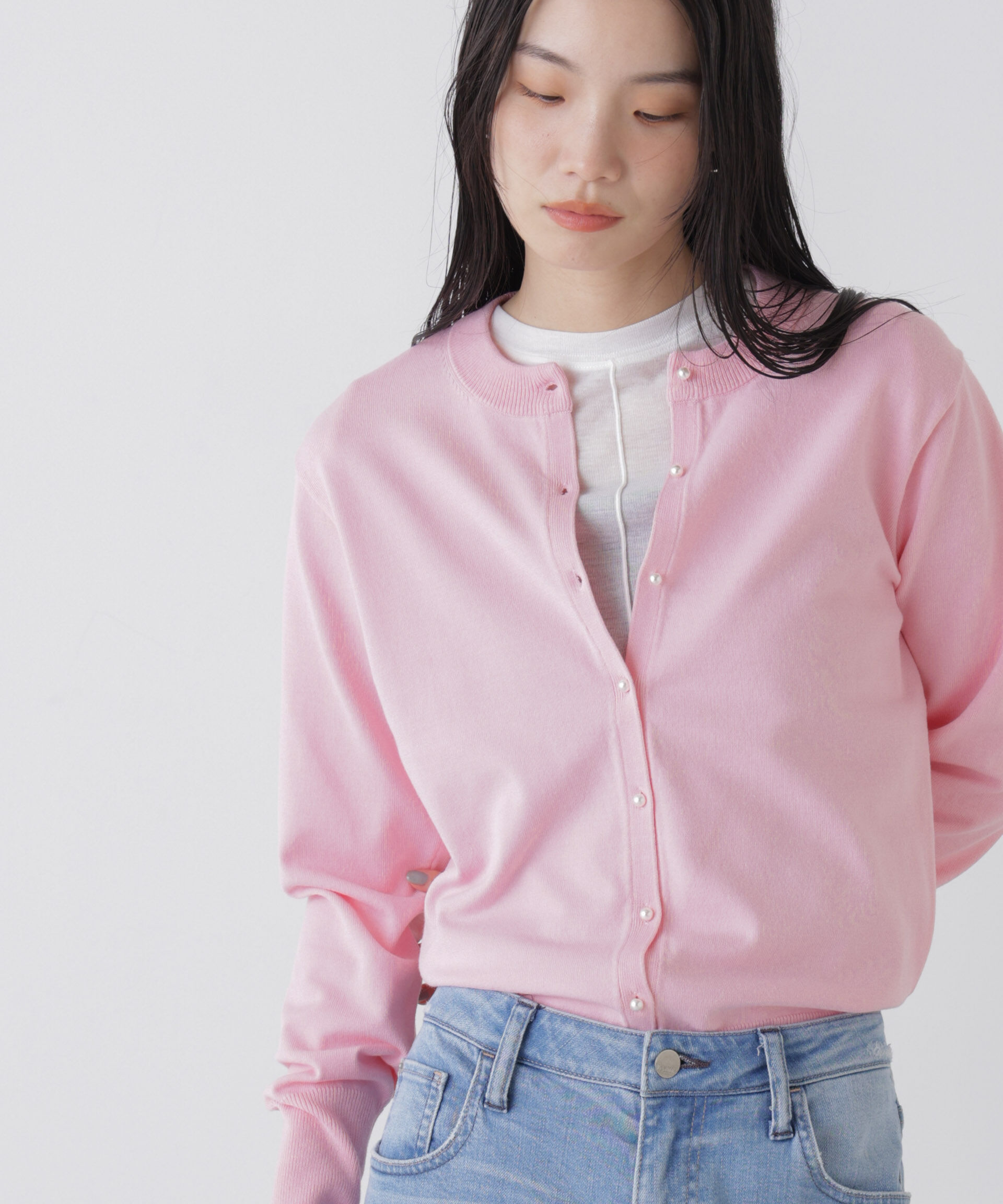 nano･universe「洗濯機洗可バンブーレーヨンニット パールボタンカーディガン」|ニット・セーター|