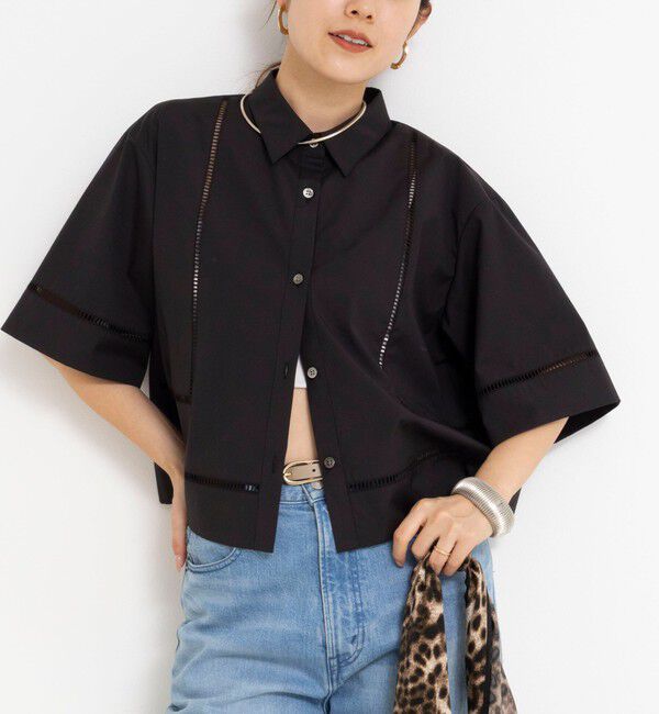 NOLLEY'S「ウォッシャブルはしごレース半袖ショートシャツ」|シャツ・ブラウス|ブラック