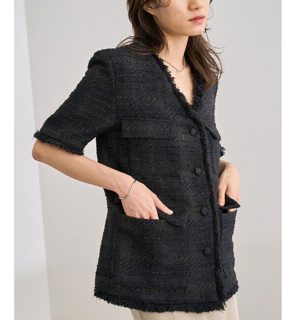 ROPE「サマーツイードハーフスリーブジャケット」|ノーカラージャケット|ブラック(01)