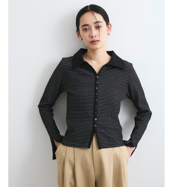 VIS「【洗える】細ボーダーポロトップス」|ポロシャツ|