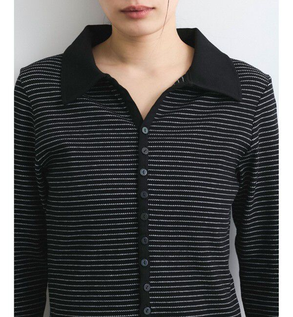 VIS「【洗える】細ボーダーポロトップス」|ポロシャツ|