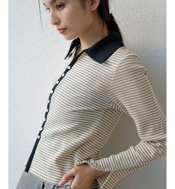 VIS「【洗える】細ボーダーポロトップス」|ポロシャツ|