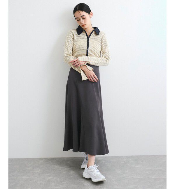 VIS「【洗える】細ボーダーポロトップス」|ポロシャツ|