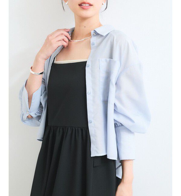 VIS「【防シワ/接触冷感/洗える】ボリュームスリーブショート丈シアーシャツ」|シャツ・ブラウス|サックス(48)