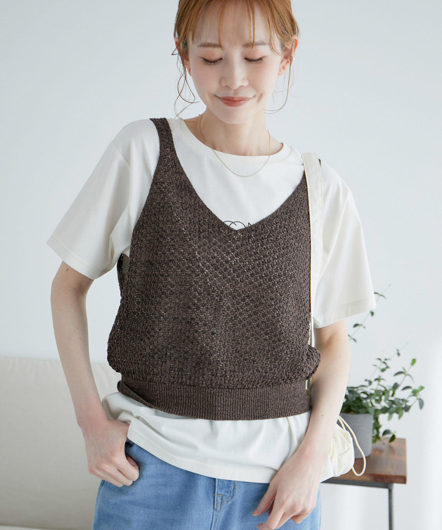 ROPE PICNIC PASSAGE「透かし編みルーズレイヤードニットベスト」|ベスト・ジレ|
