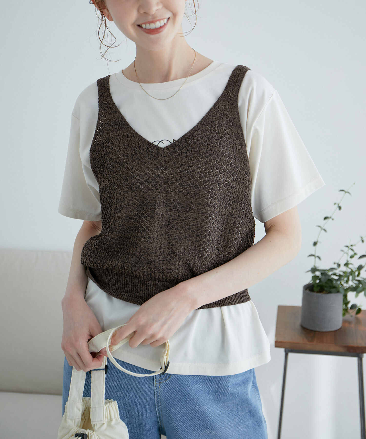 ROPE PICNIC PASSAGE「透かし編みルーズレイヤードニットベスト」|ベスト・ジレ|