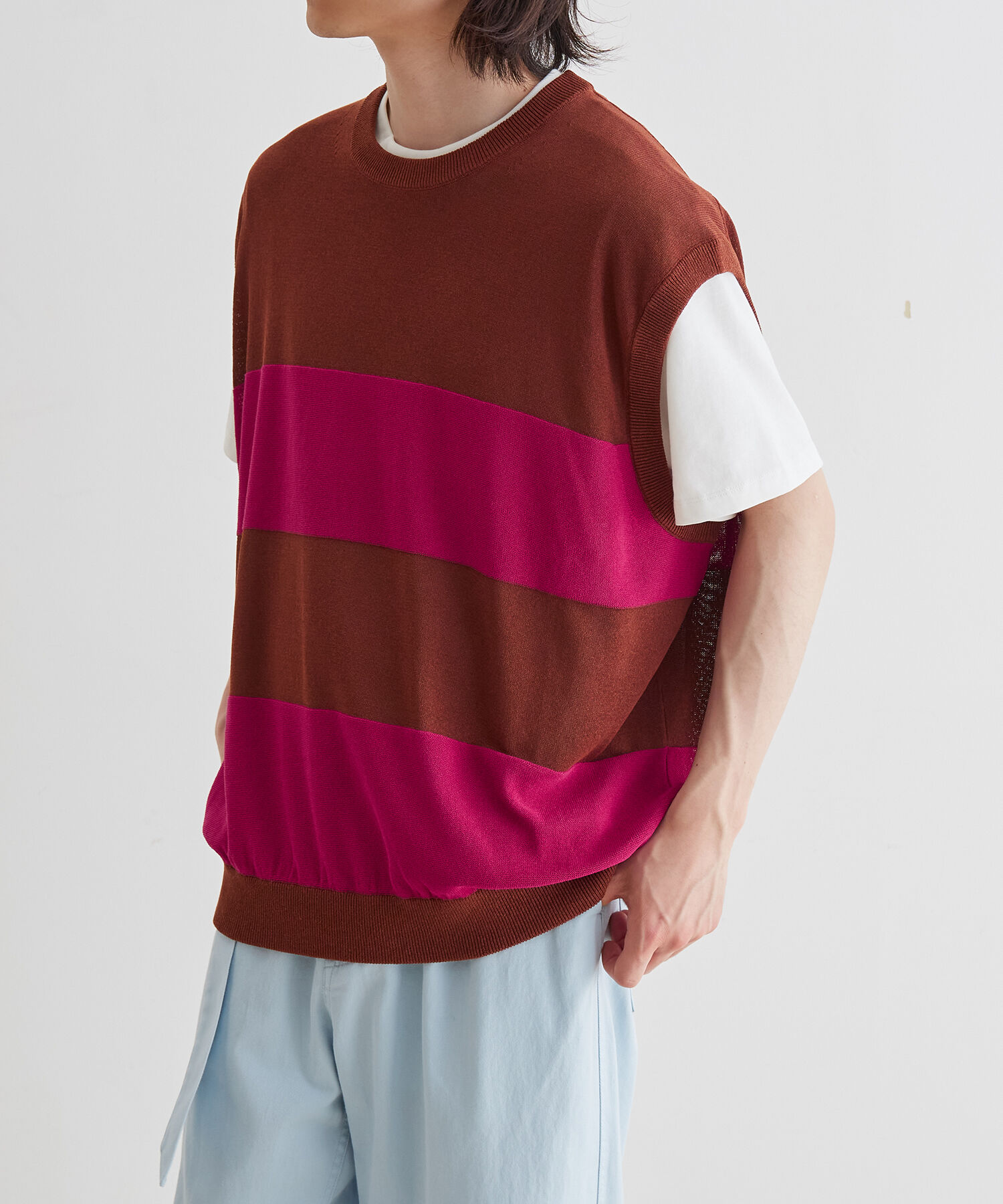 ADAM ET ROPE'「WASHI MIX ボーダー ニット ベスト」|ベスト・ジレ|ブラウン(22)