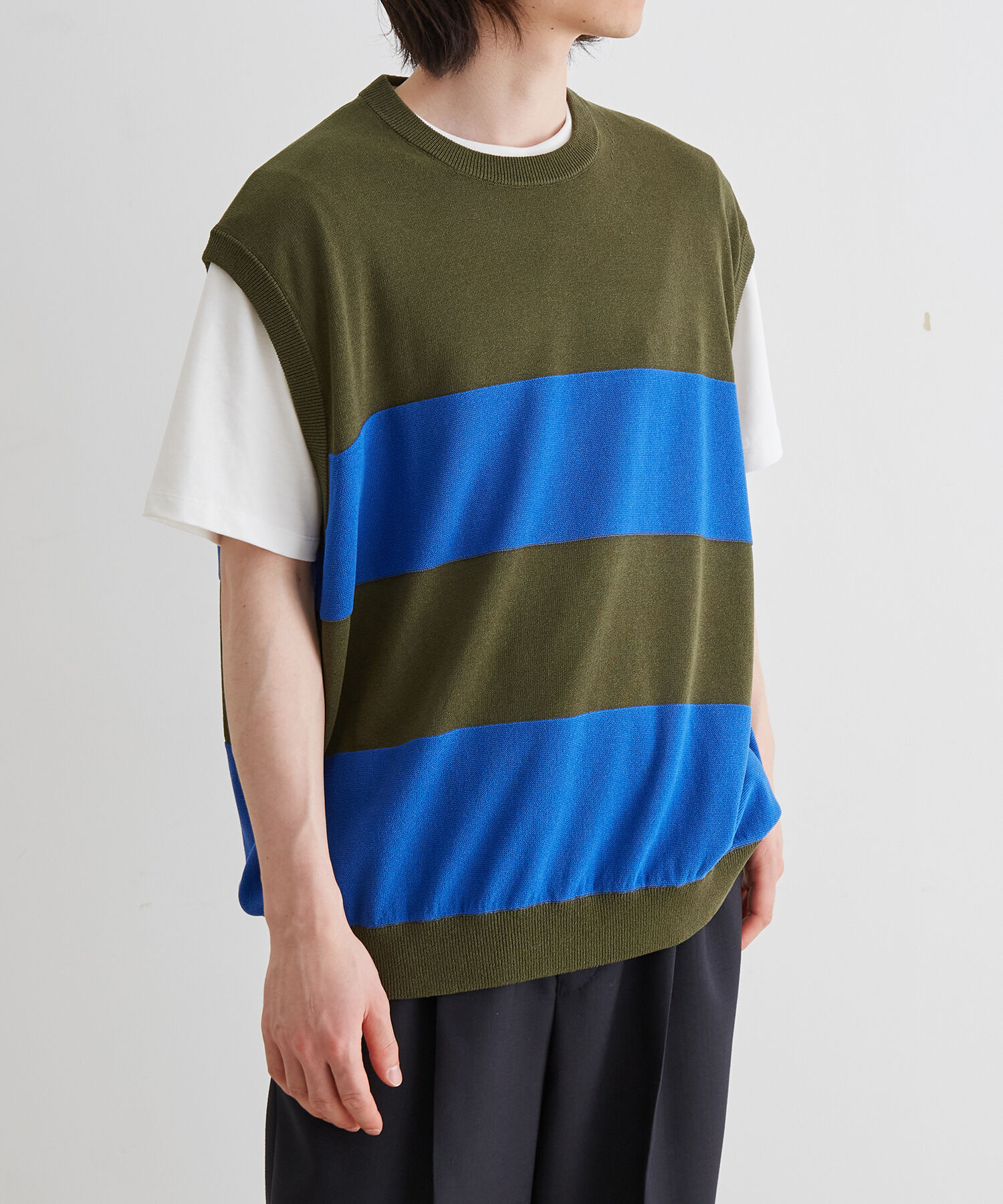 ADAM ET ROPE'「WASHI MIX ボーダー ニット ベスト」|ベスト・ジレ|カーキ(36)