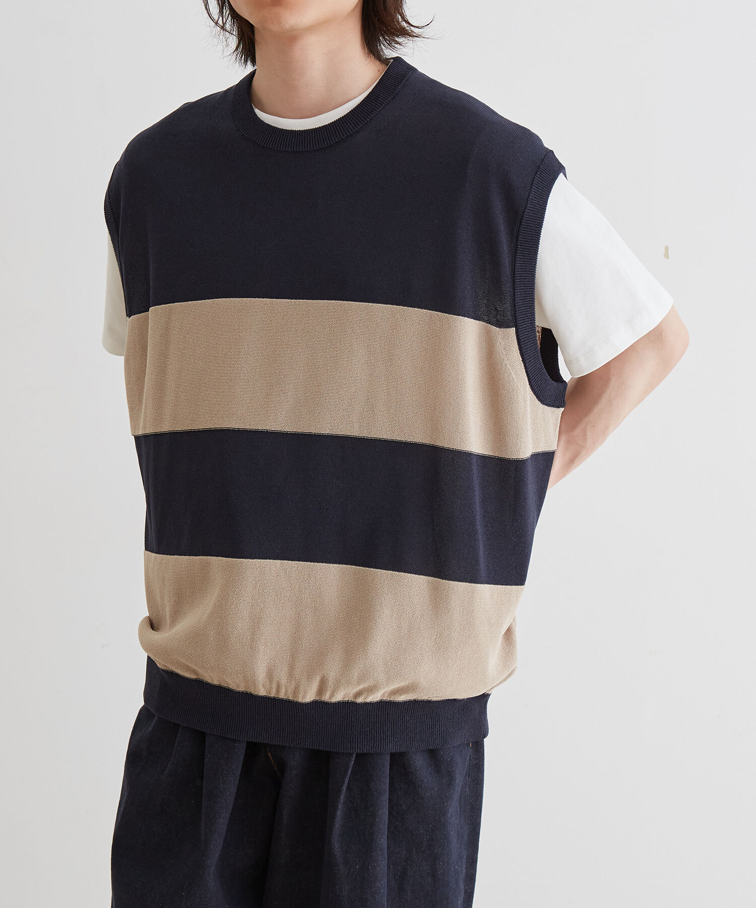 ADAM ET ROPE'「WASHI MIX ボーダー ニット ベスト」|ベスト・ジレ|ネイビー(40)