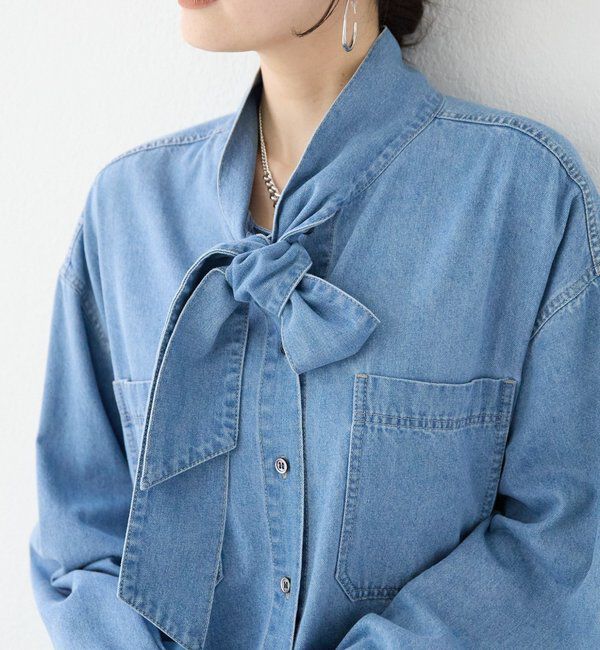  「【新色追加/抜け感】デニムボウタイシャツ」|シャツ・ブラウス|サックスブルー