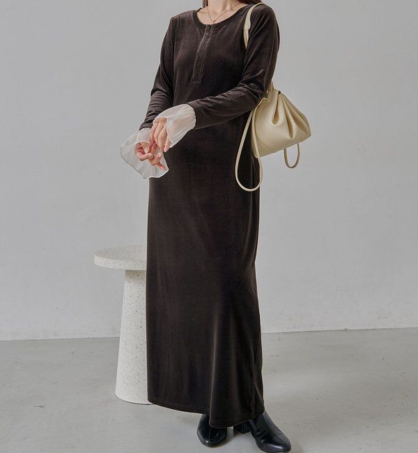  「【低身長サイズあり】フレアスリーブベロアワンピース」|ワンピース|