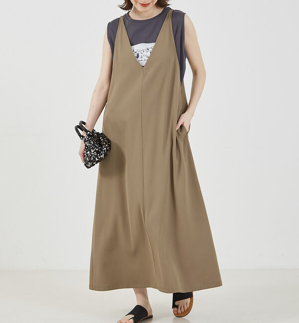 abahouse mavie「【大人のいちまんワンピ】クールタッチサテンキャミジャンスカ」|ジャンパースカート|カーキ