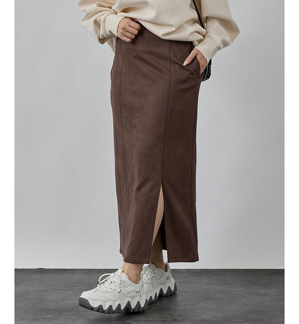 abahouse mavie「フェイクスウェード/フェイクレザースリットタイトスカート」|スカート|ブラウン