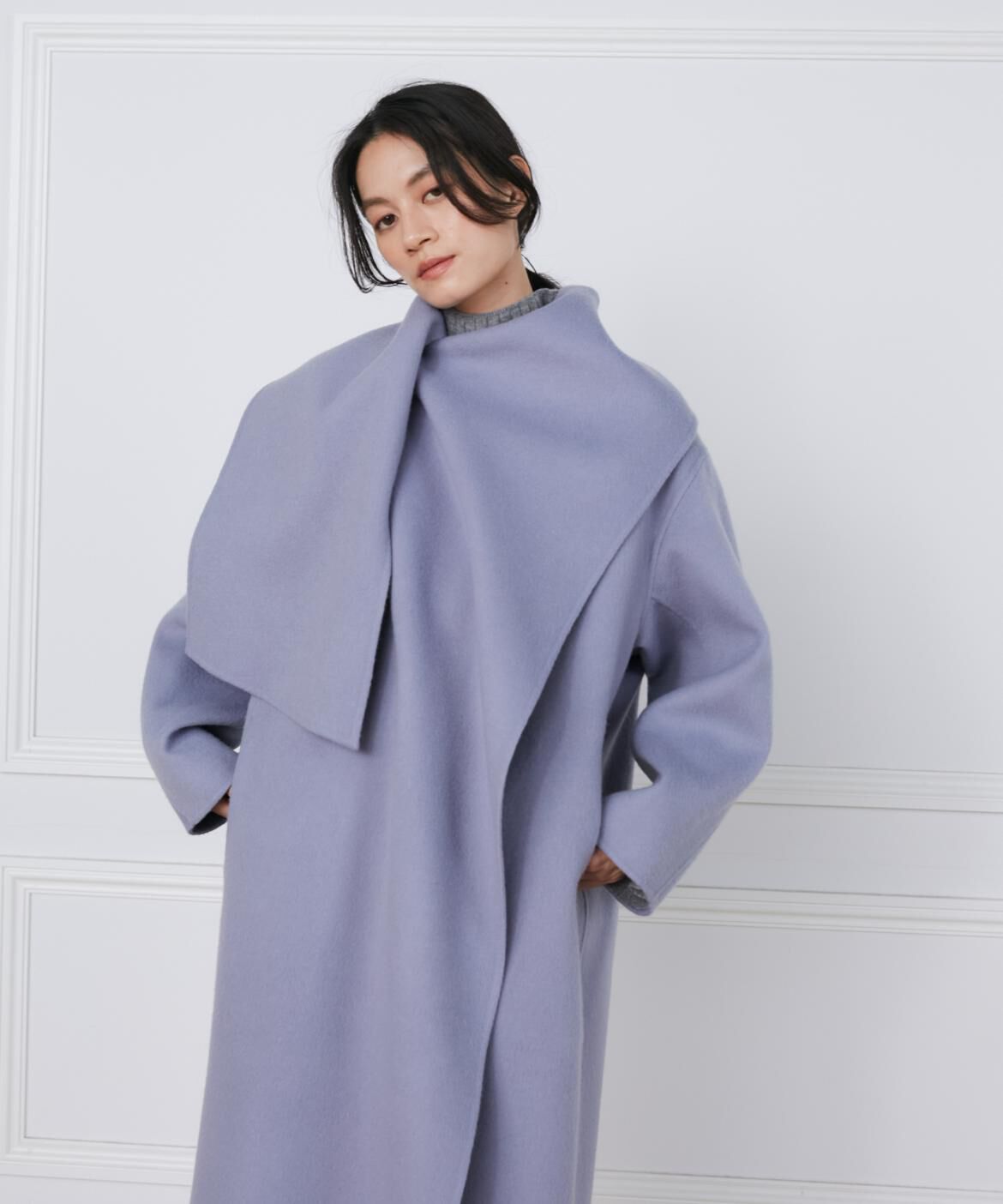 INED「《大きいサイズ》ストール風ラップリバーコート《la veille by SUPERIOR CLOSET》」|ステンカラーコート|