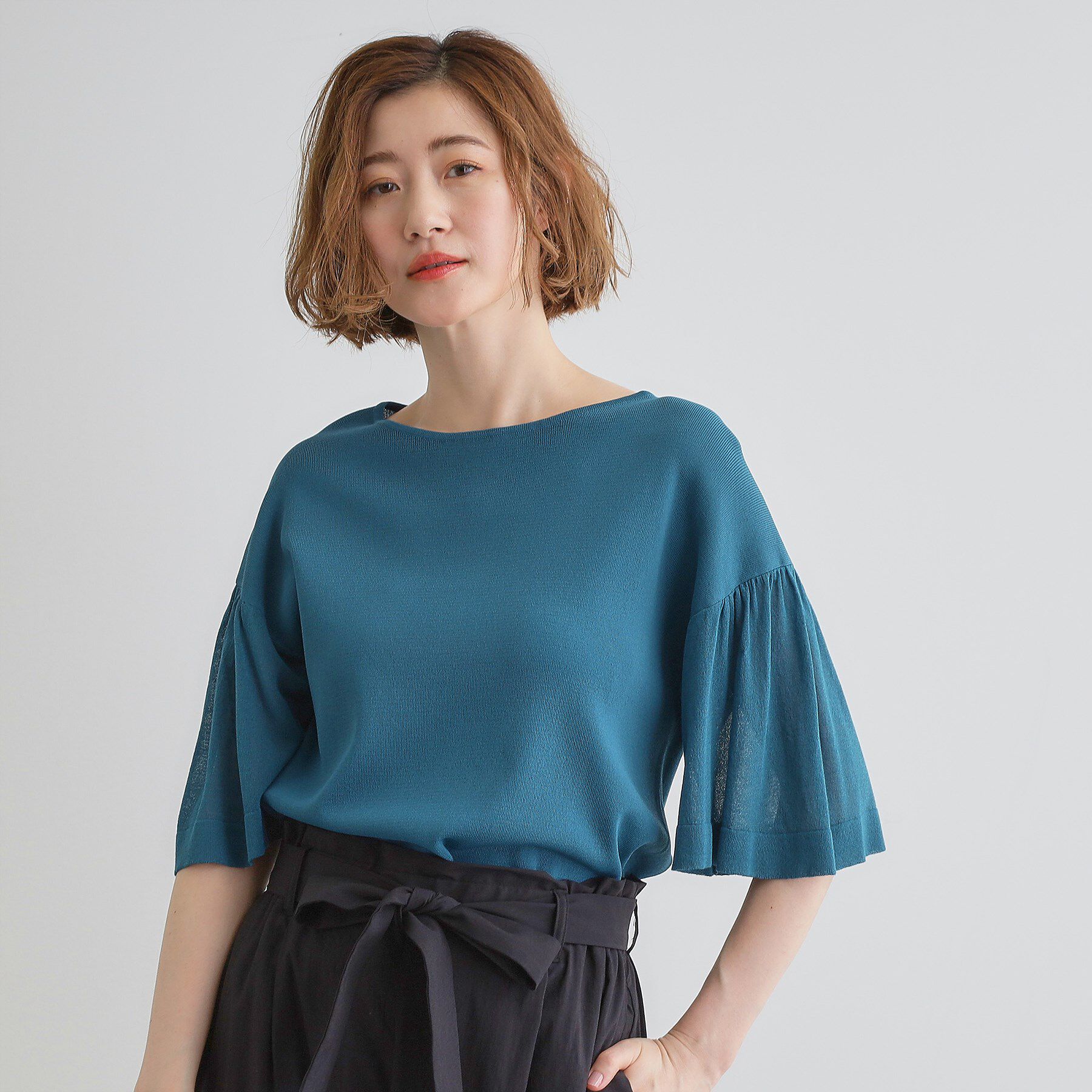 grove「【嬉しい機能付き】やわらかドライタッチシアーフレアスリーブニット」|ニット・セーター|ターコイズ(097)