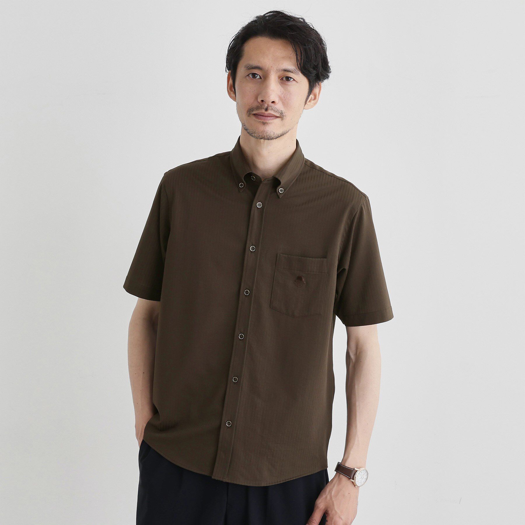 TAKEO KIKUCHI「【COOL CITY WEAR】ストライプジャージ ボタンダウンシャツ /接触冷感」|シャツ・ブラウス|ブラウン(044)